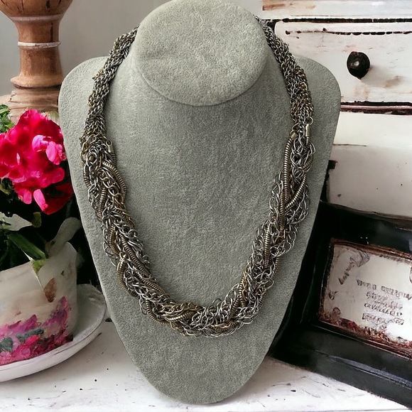 Silver Multi Chain Braided Statement Necklace - Picture 1 of 8